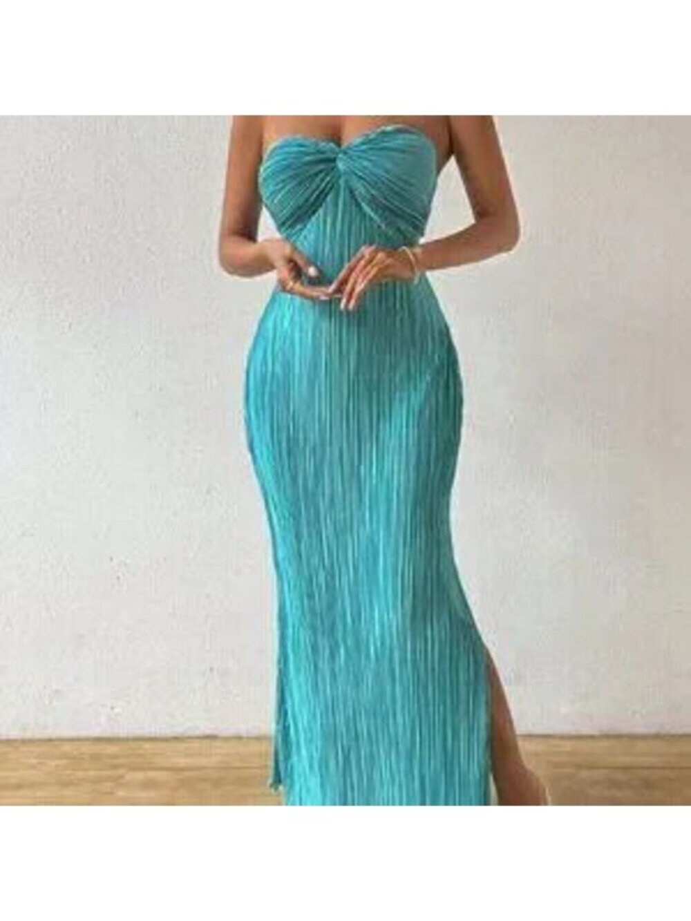 Cadet Blue Sexy Women's Elegant Pleated Off-Shoulder Twist Front Dress